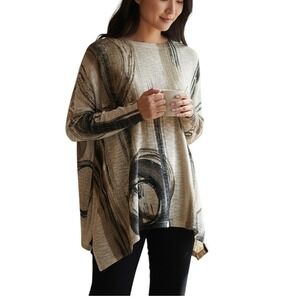 Jess And Jane Womens L Tan Black Beige Abstract Artsy Design Asymmetric Hem